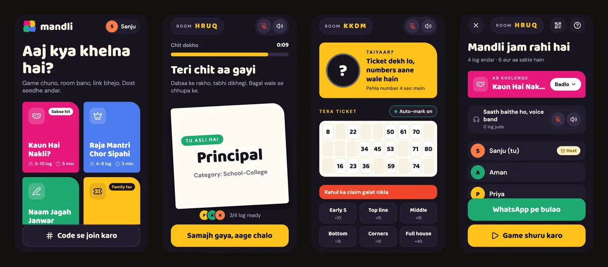 Four phone screens from the Mandli app. The home screen with game cards for Kaun Hai Nakli and Raja Mantri Chor Sipahi, a secret word chit reading Principal, a Tambola ticket with claim buttons for Early 5, lines, corners and full house, and a lobby with players and a WhatsApp invite button.